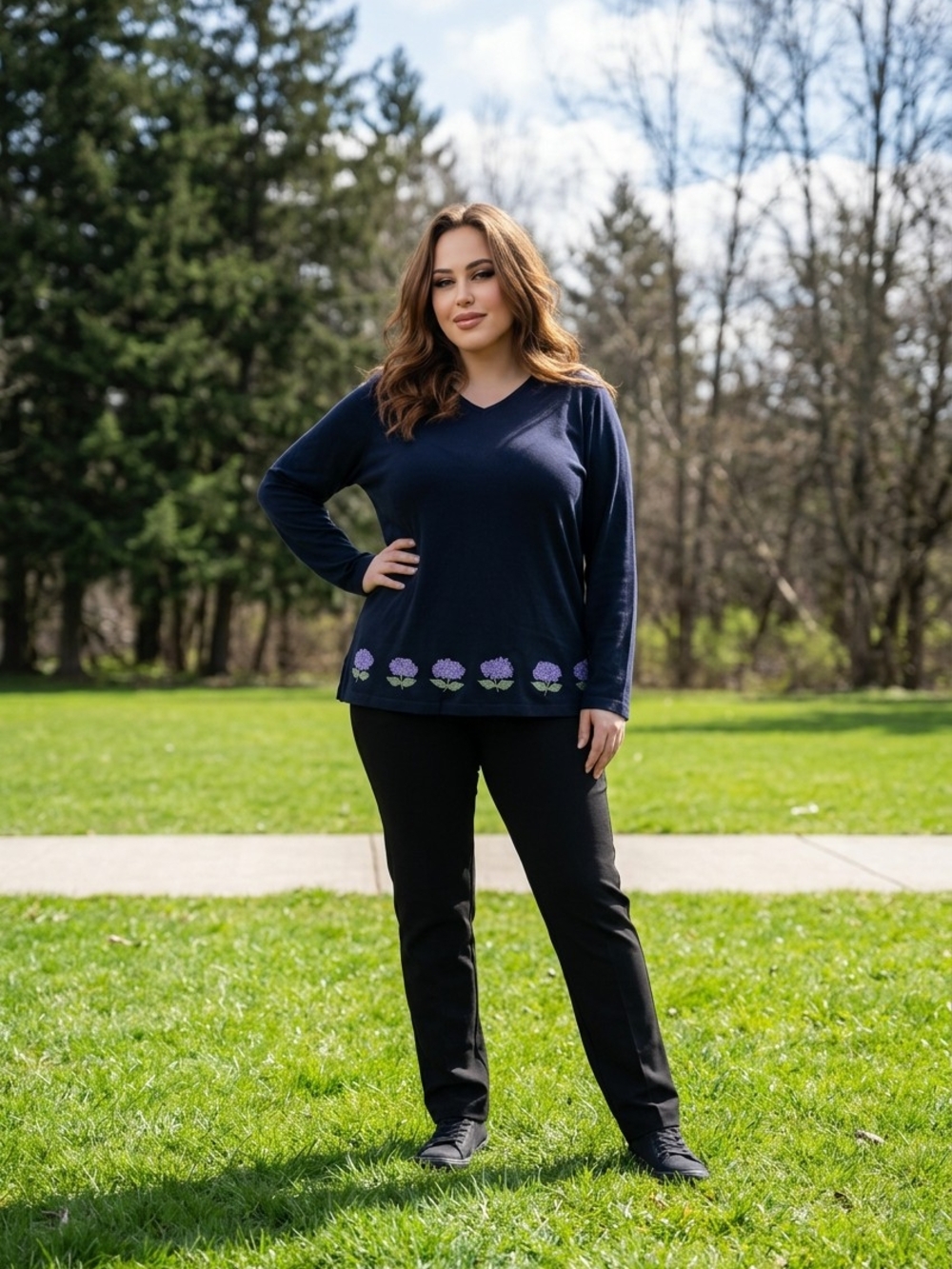V-Neck Navy Long Sleeve Top with Lavender Floral Hem